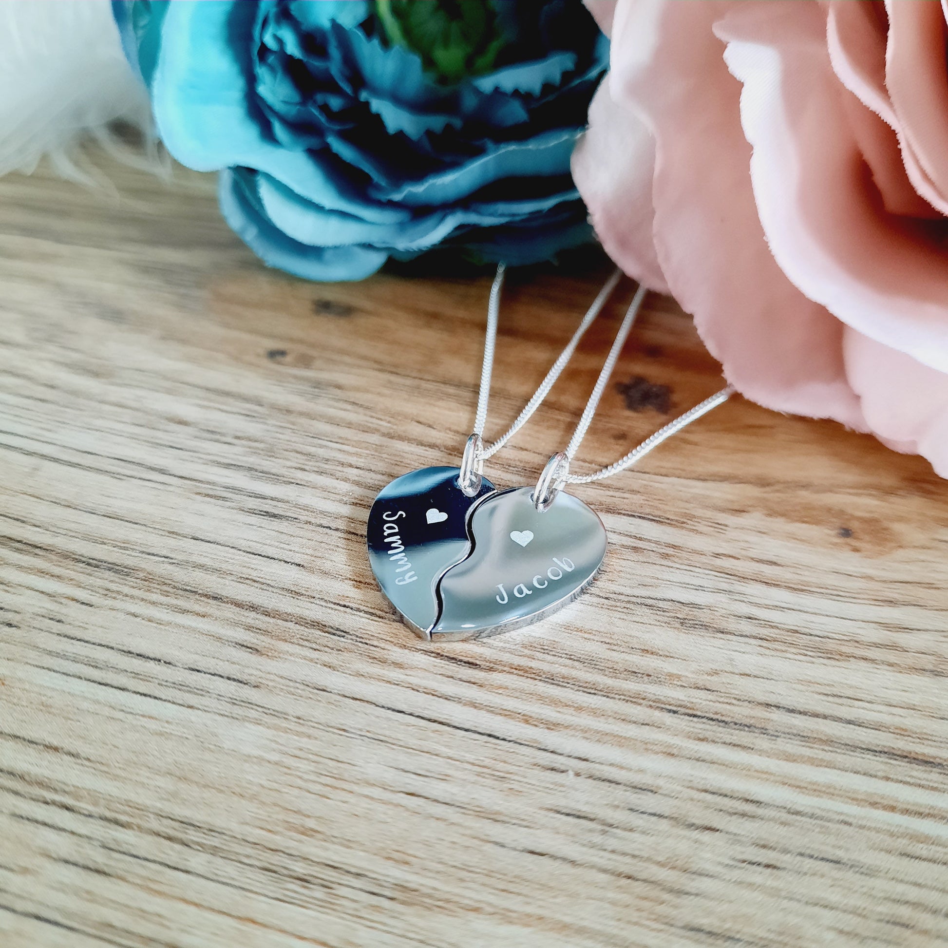 Mother's day gift - 2 x Split Heart Necklaces - ENGRAVED - Wedding / Anniversary / Valentines / Love Gift / Together Forever