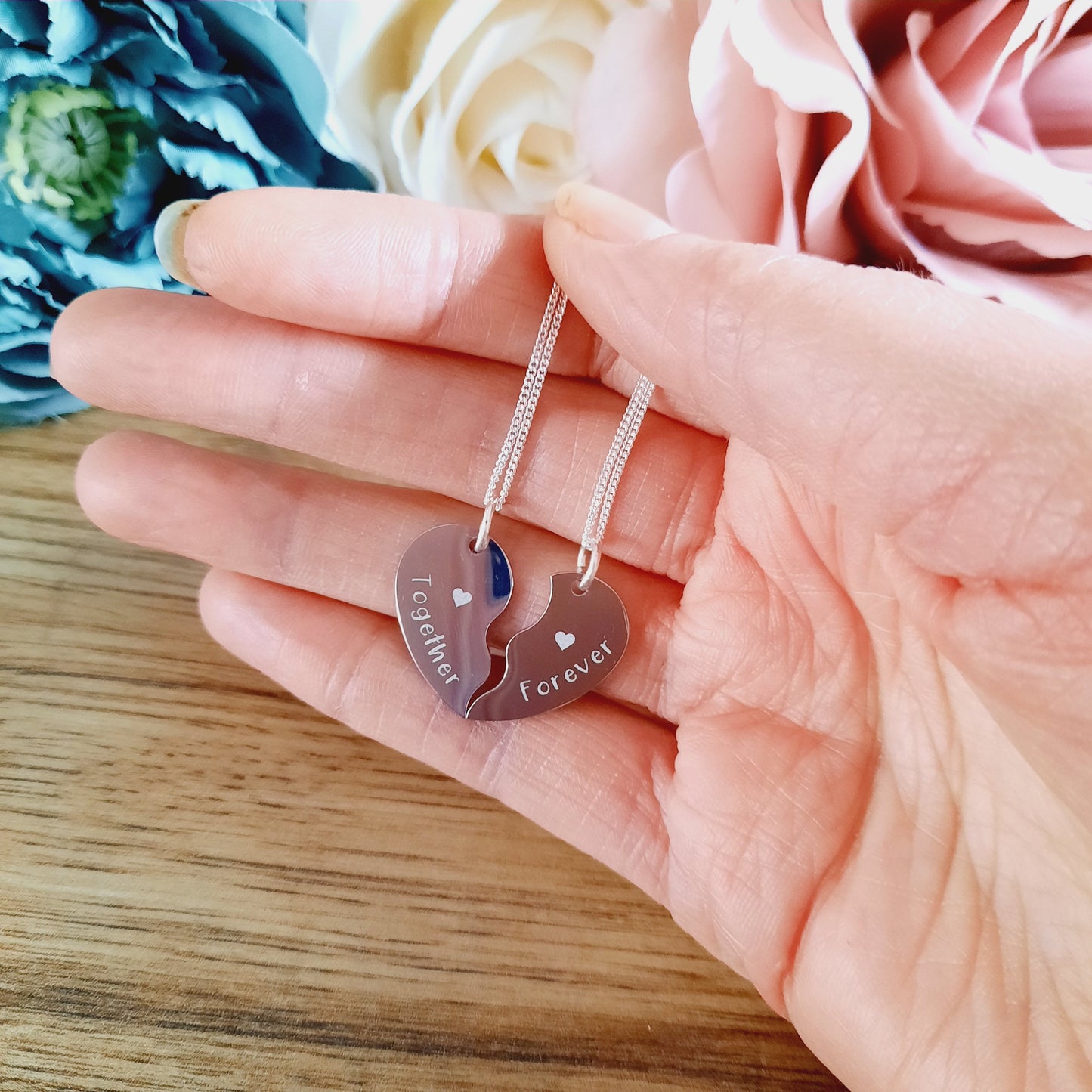 Mother's day gift - 2 x Split Heart Necklaces - ENGRAVED - Wedding / Anniversary / Valentines / Love Gift / Together Forever