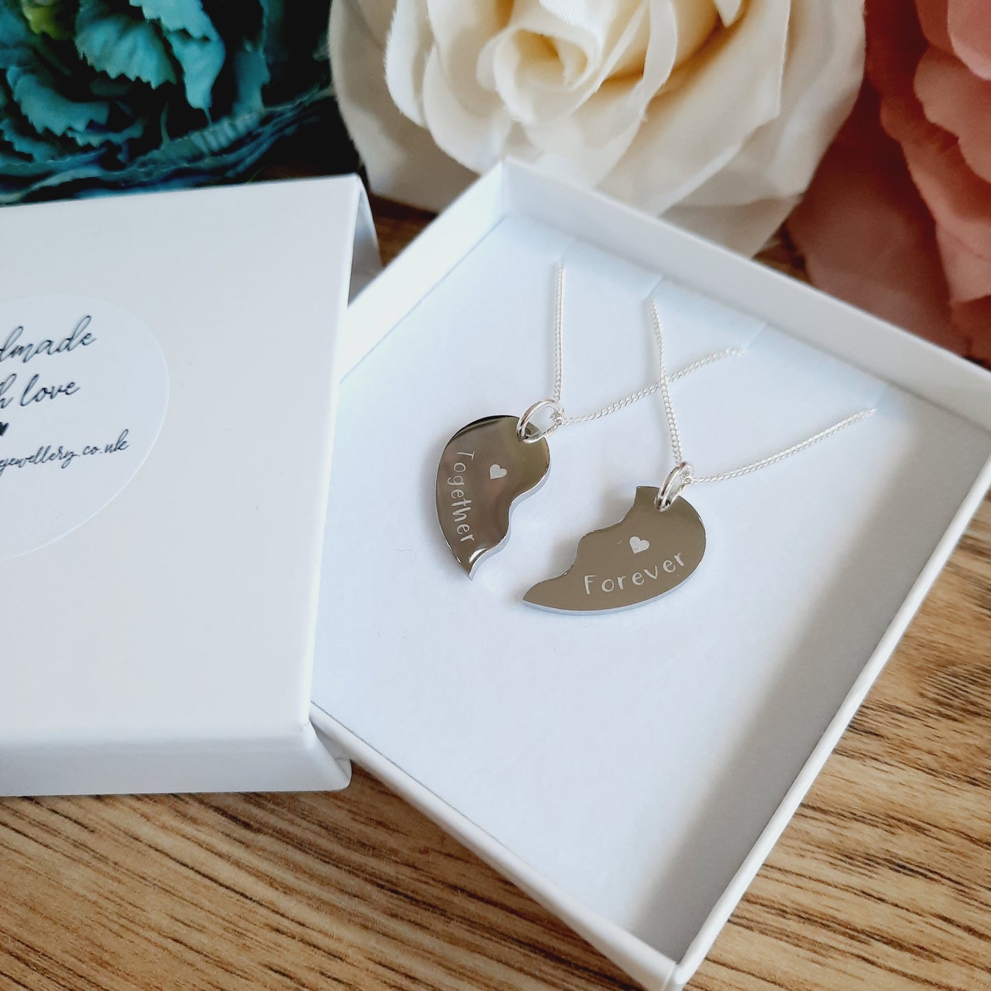 Mother's day gift - 2 x Split Heart Necklaces - ENGRAVED - Wedding / Anniversary / Valentines / Love Gift / Together Forever