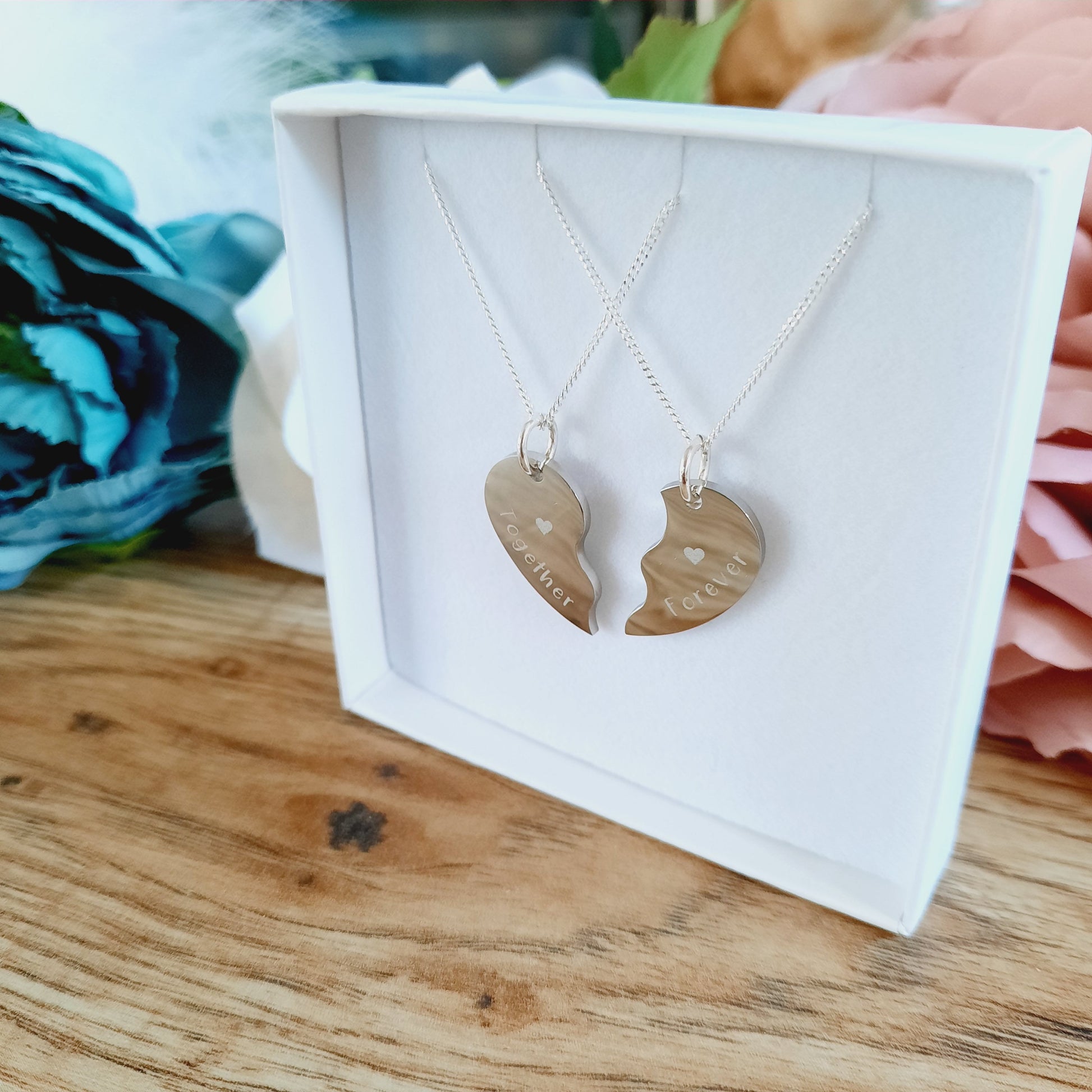Mother's day gift - 2 x Split Heart Necklaces - ENGRAVED - Wedding / Anniversary / Valentines / Love Gift / Together Forever