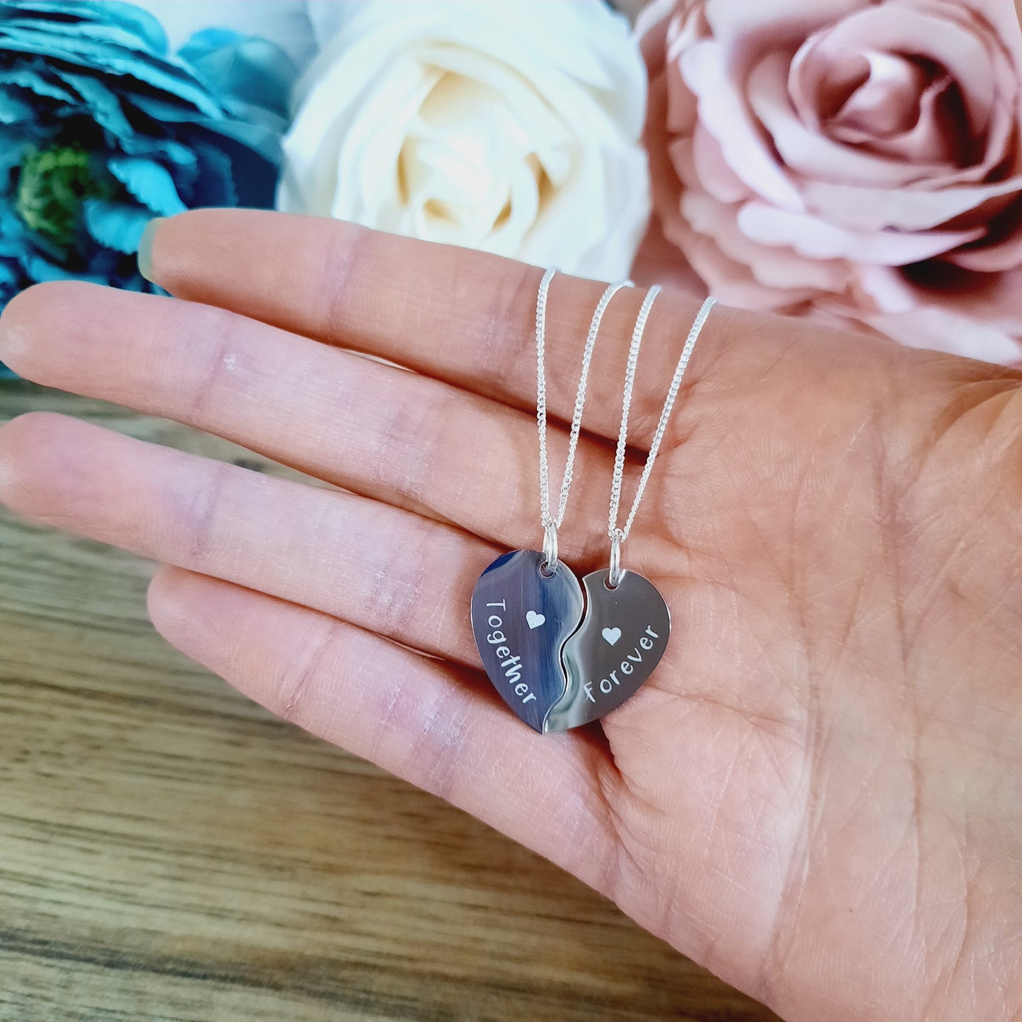 Mother's day gift - 2 x Split Heart Necklaces - ENGRAVED - Wedding / Anniversary / Valentines / Love Gift / Together Forever