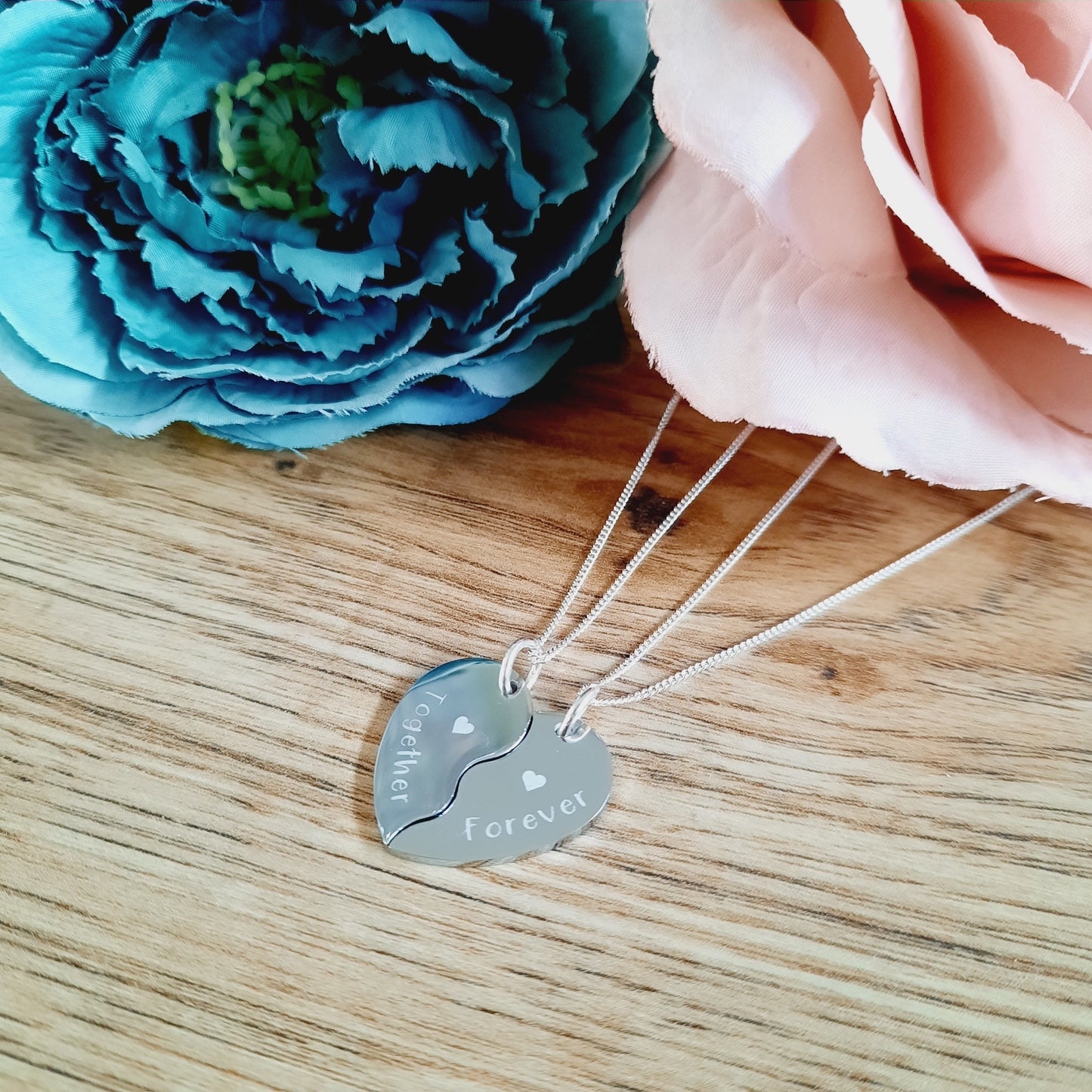 Mother's day gift - 2 x Split Heart Necklaces - ENGRAVED - Wedding / Anniversary / Valentines / Love Gift / Together Forever