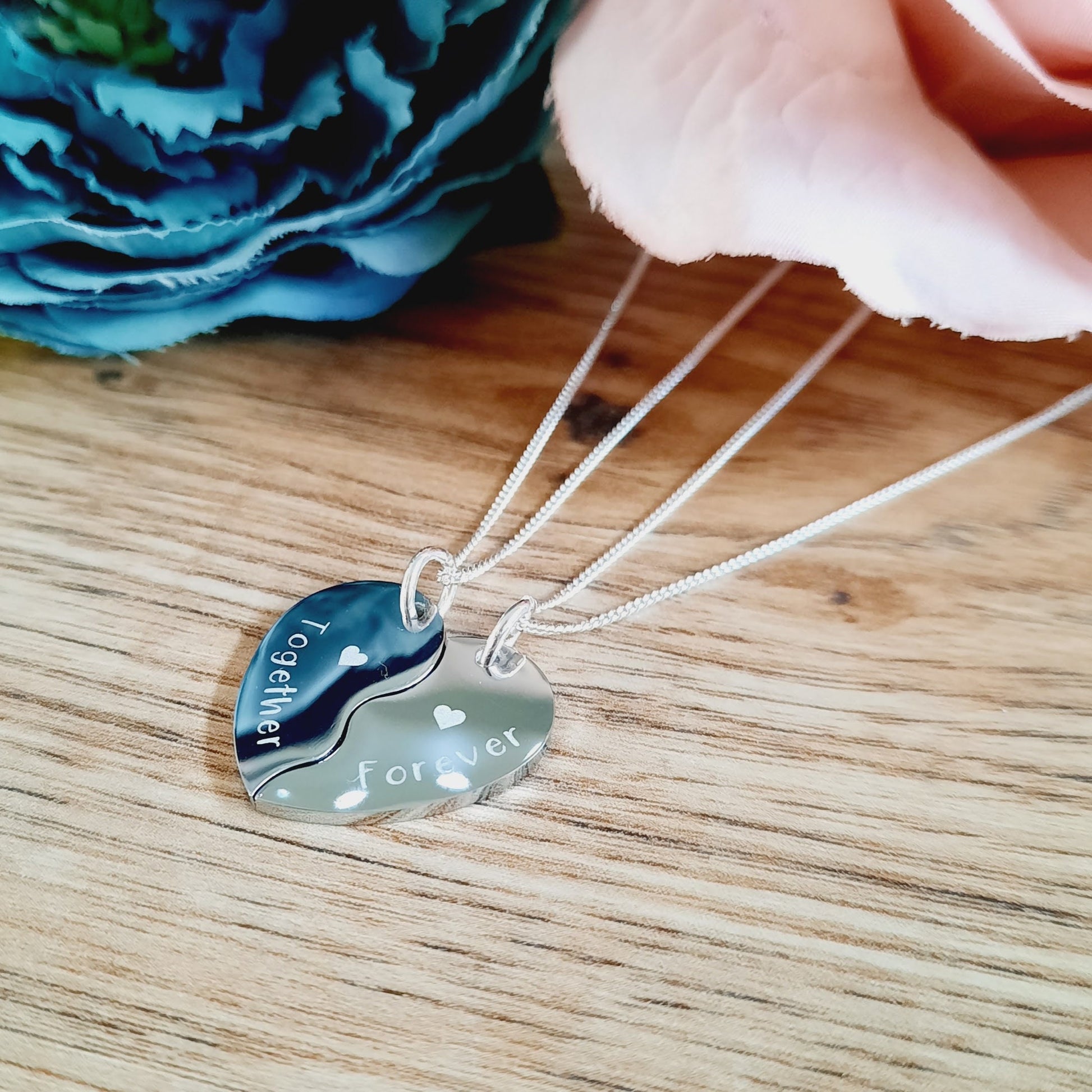 Mother's day gift - 2 x Split Heart Necklaces - ENGRAVED - Wedding / Anniversary / Valentines / Love Gift / Together Forever
