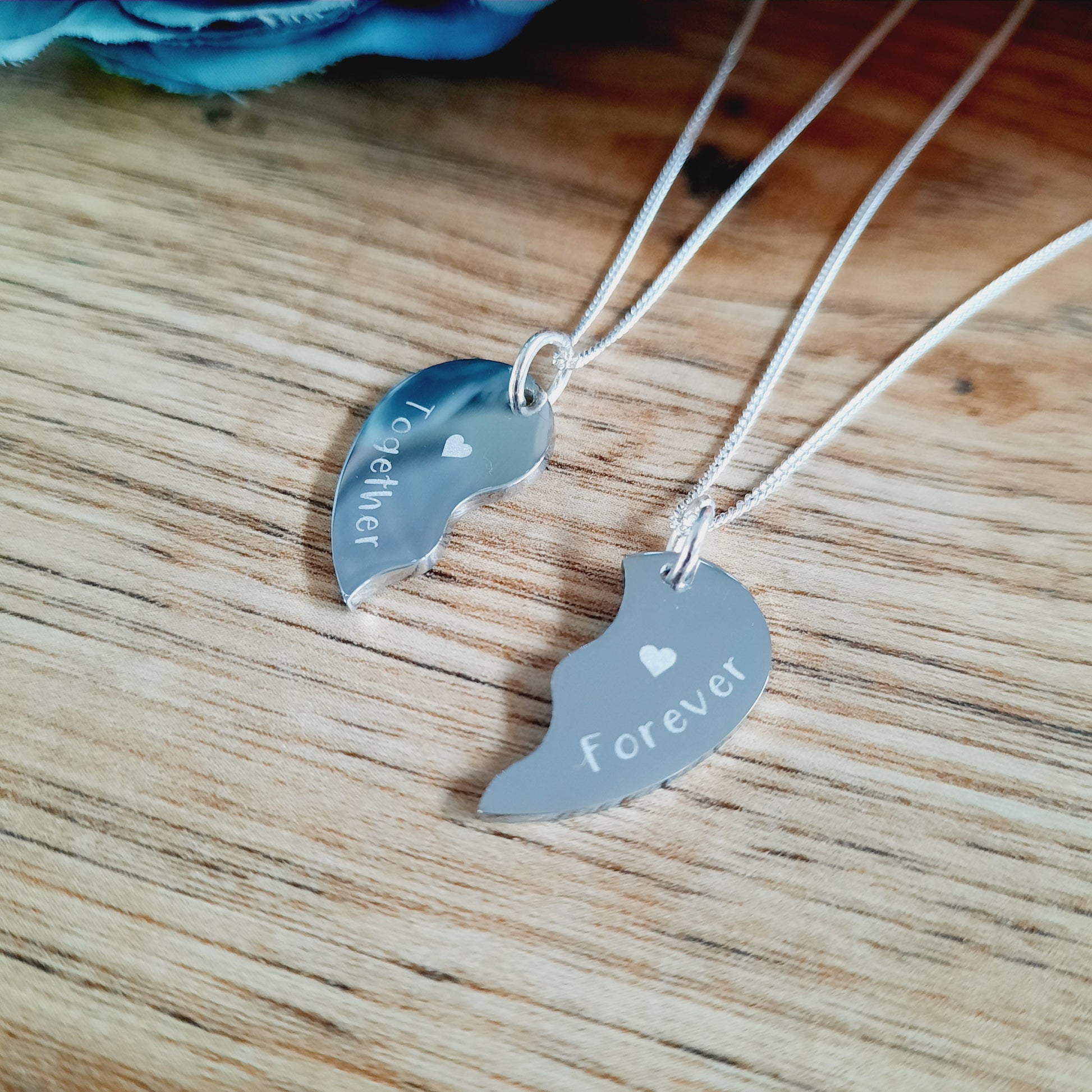 Mother's day gift - 2 x Split Heart Necklaces - ENGRAVED - Wedding / Anniversary / Valentines / Love Gift / Together Forever