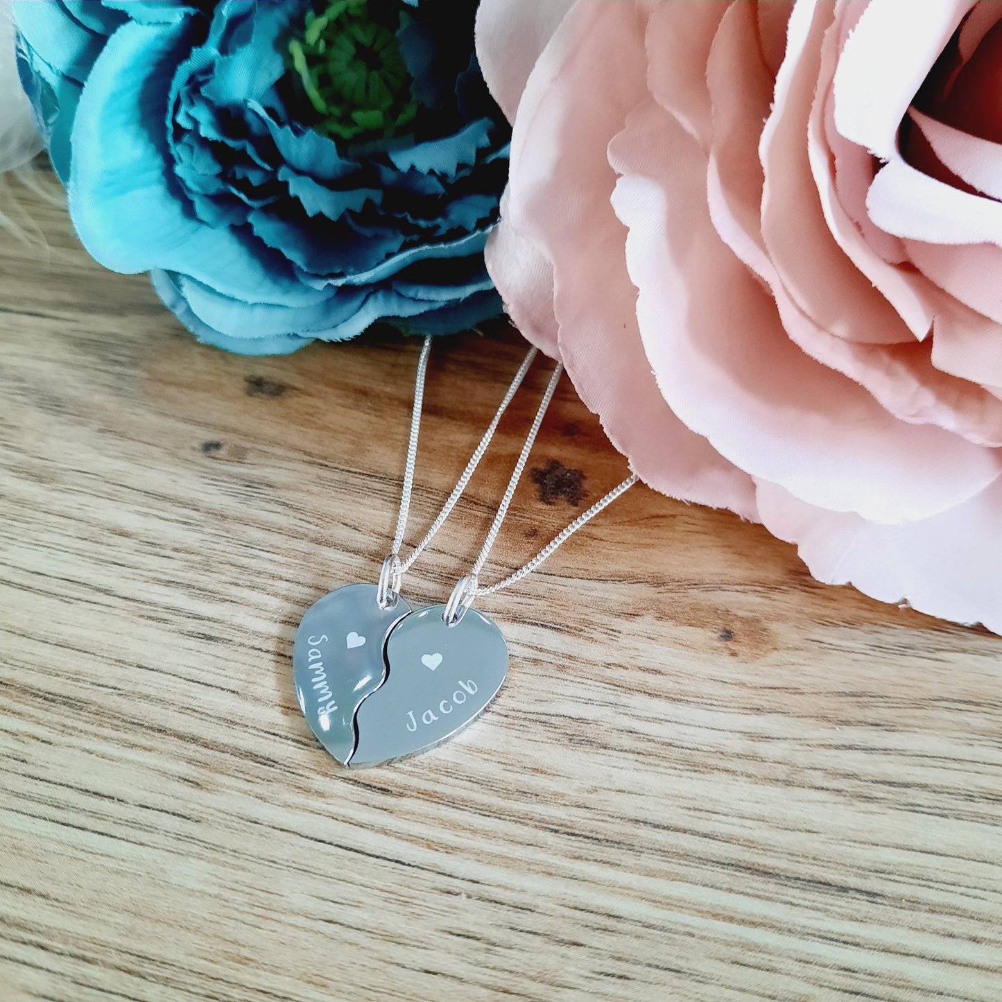 Mother's day gift - 2 x Split Heart Necklaces - ENGRAVED - Wedding / Anniversary / Valentines / Love Gift / Together Forever