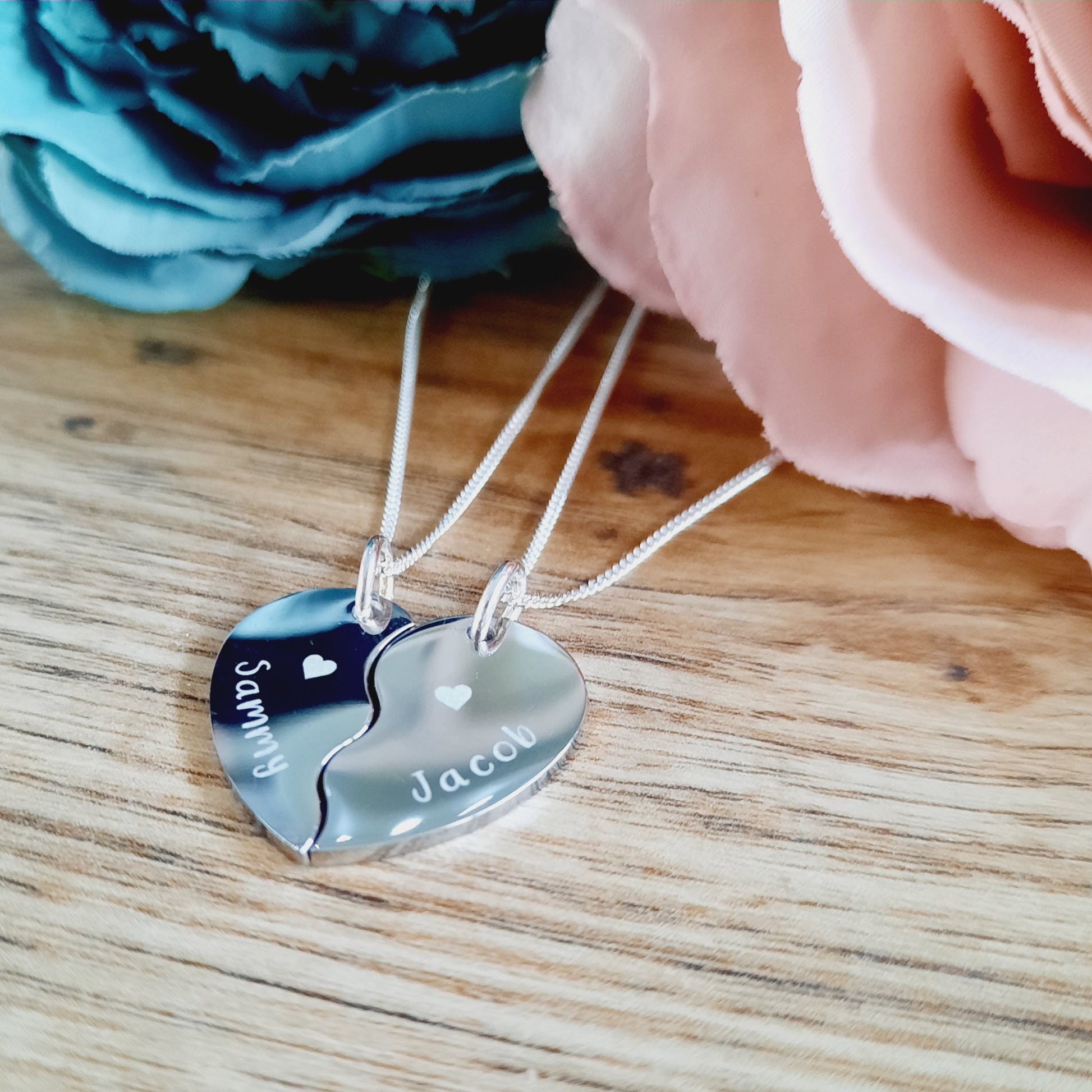 Mother's day gift - 2 x Split Heart Necklaces - ENGRAVED - Wedding / Anniversary / Valentines / Love Gift / Together Forever