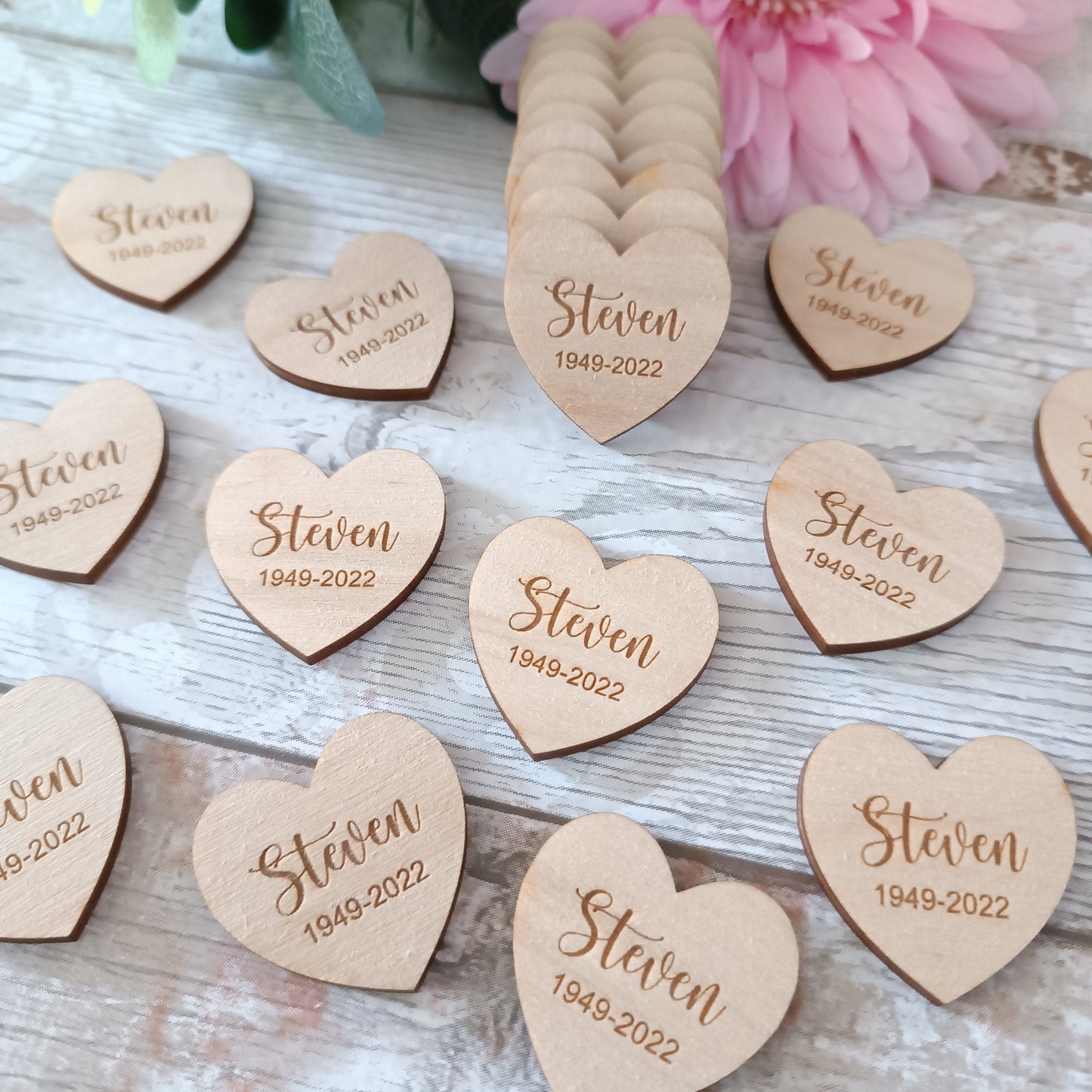 Funeral Favours / In Memory / Heart Funeral Tokens / Personalised Bereavement Keepsake / Wooden Hearts / Memorial Gift