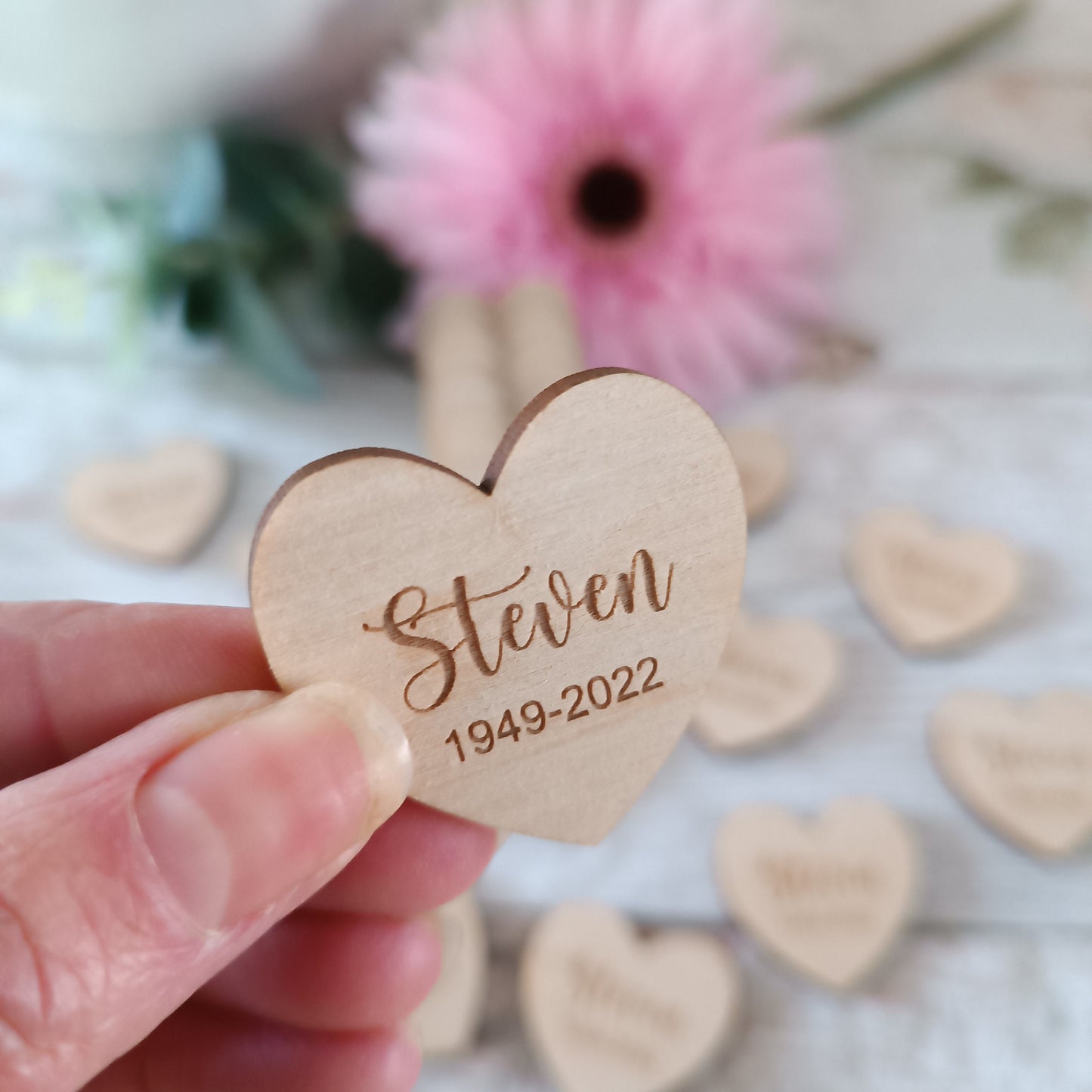 Funeral Favours / In Memory / Heart Funeral Tokens / Personalised Bereavement Keepsake / Wooden Hearts / Memorial Gift