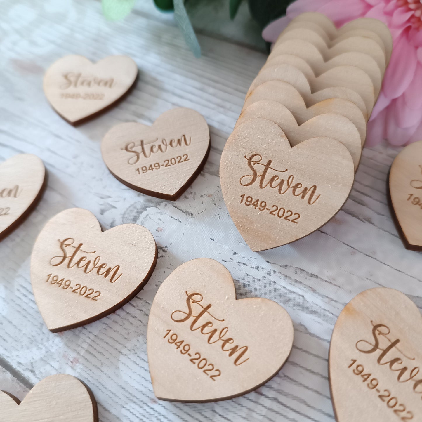 Funeral Favours / In Memory / Heart Funeral Tokens / Personalised Bereavement Keepsake / Wooden Hearts / Memorial Gift