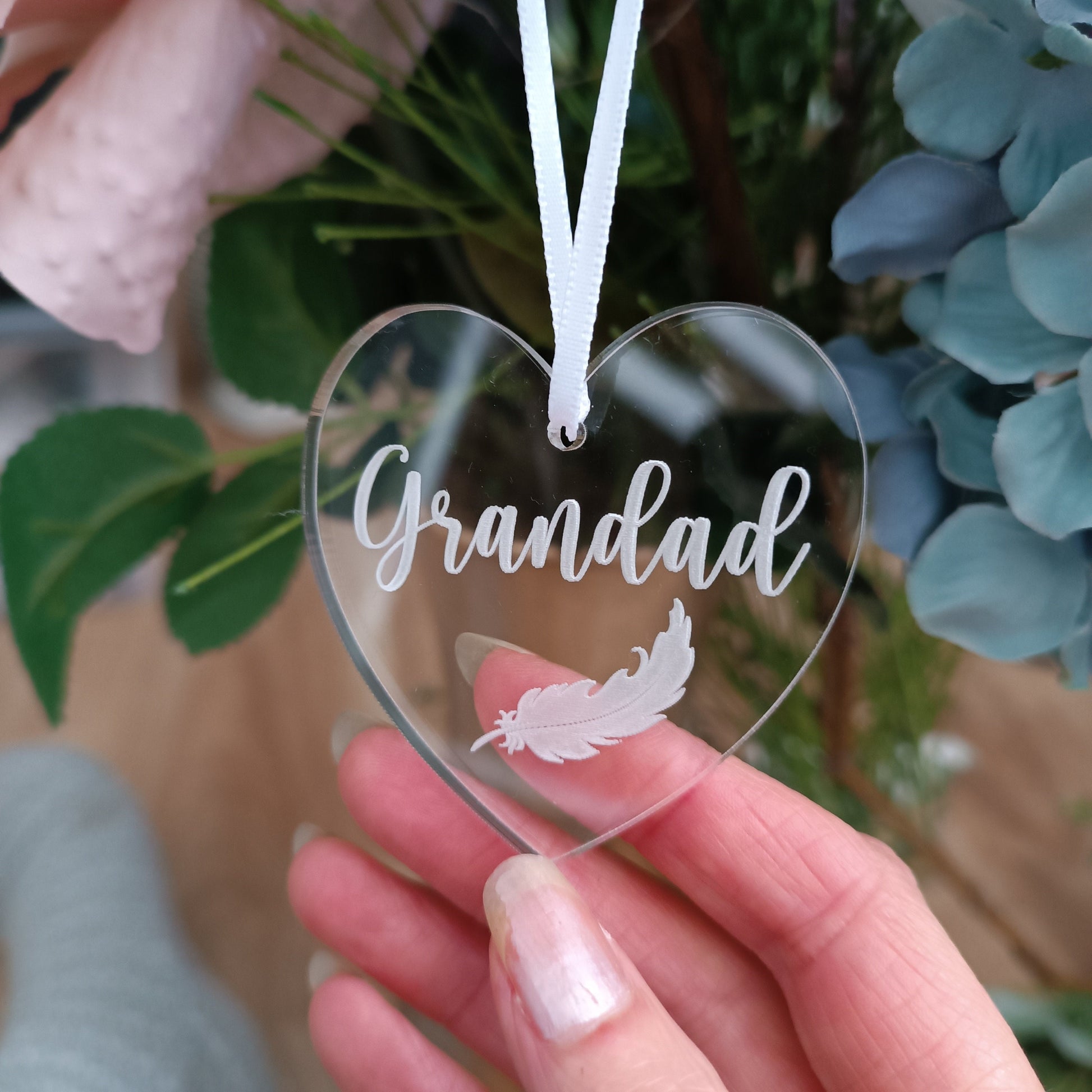 Acrylic Heart Christmas Tree Ornament | Personalised Heart Decoration | Personalised Feather | Christmas Heart | Babyloss | Loss of Grandad