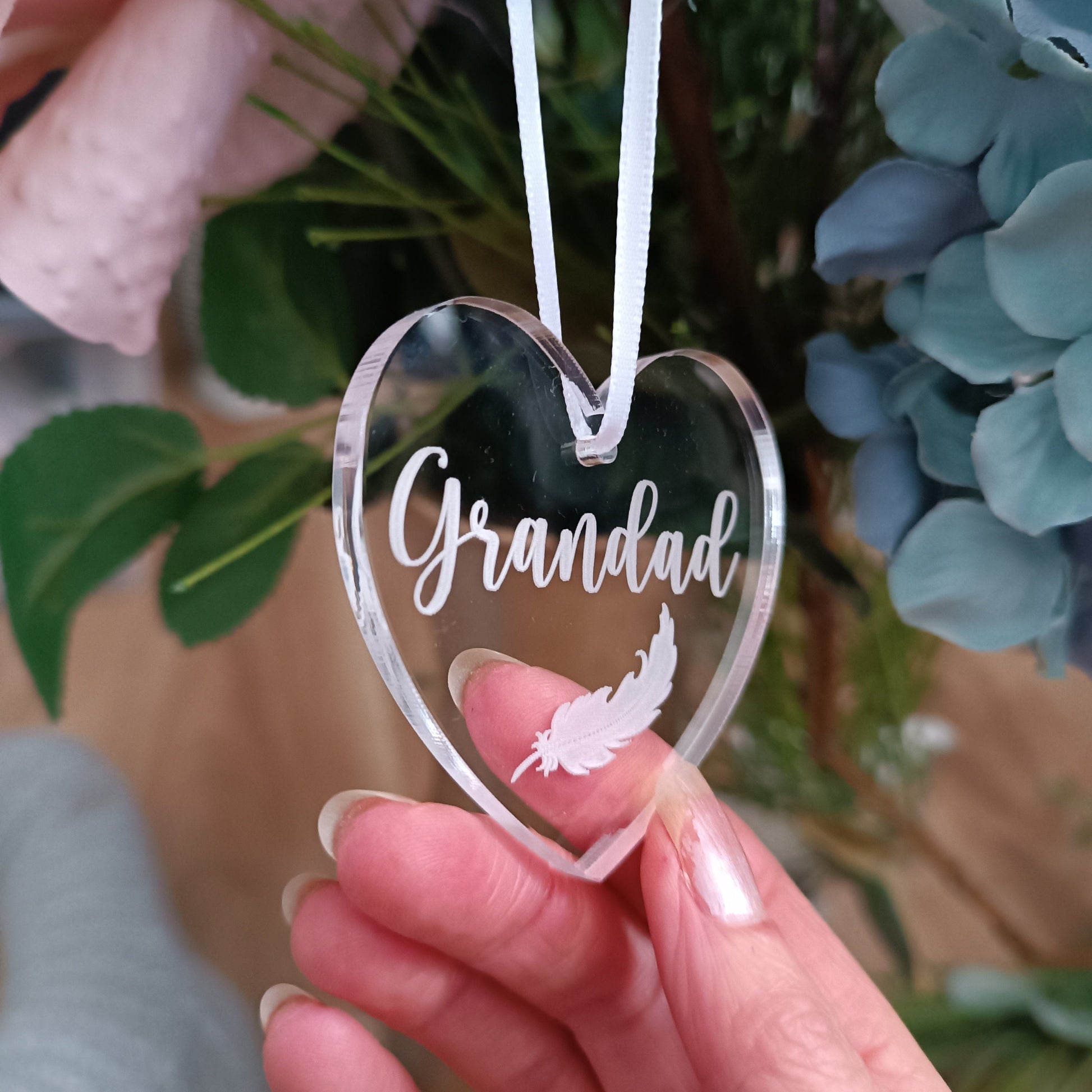 Acrylic Heart Christmas Tree Ornament | Personalised Heart Decoration | Personalised Feather | Christmas Heart | Babyloss | Loss of Grandad