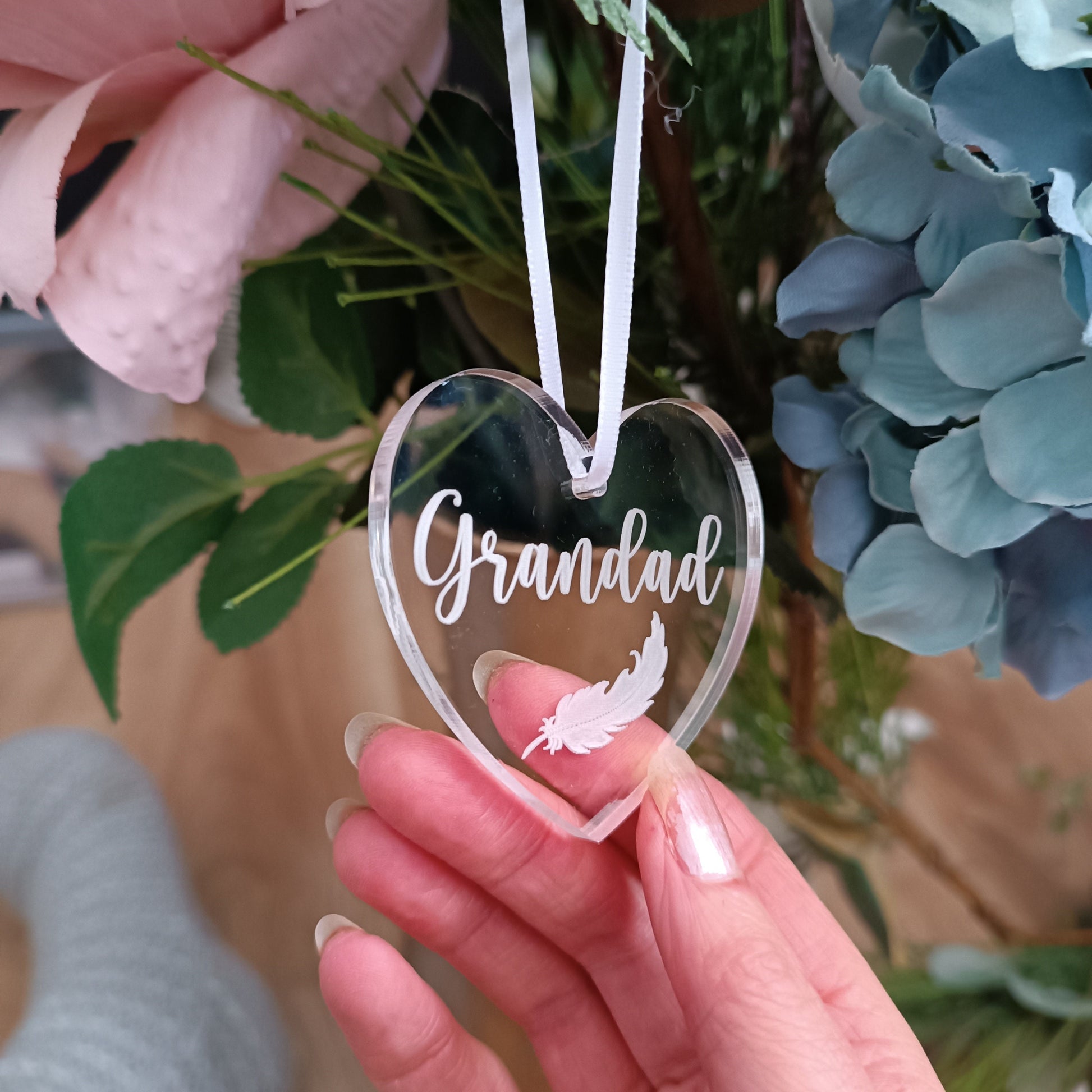 Acrylic Heart Christmas Tree Ornament | Personalised Heart Decoration | Personalised Feather | Christmas Heart | Babyloss | Loss of Grandad