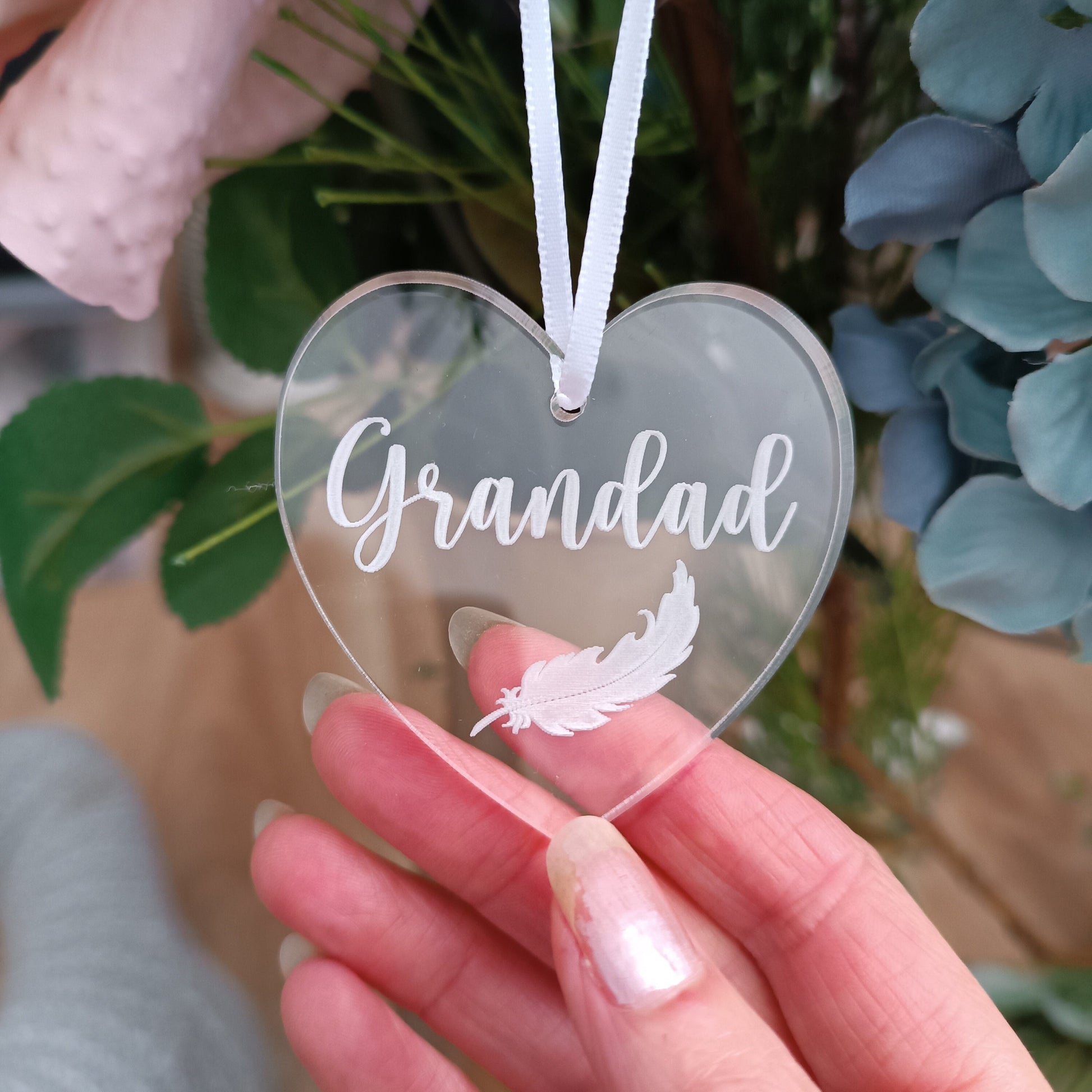 Acrylic Heart Christmas Tree Ornament | Personalised Heart Decoration | Personalised Feather | Christmas Heart | Babyloss | Loss of Grandad
