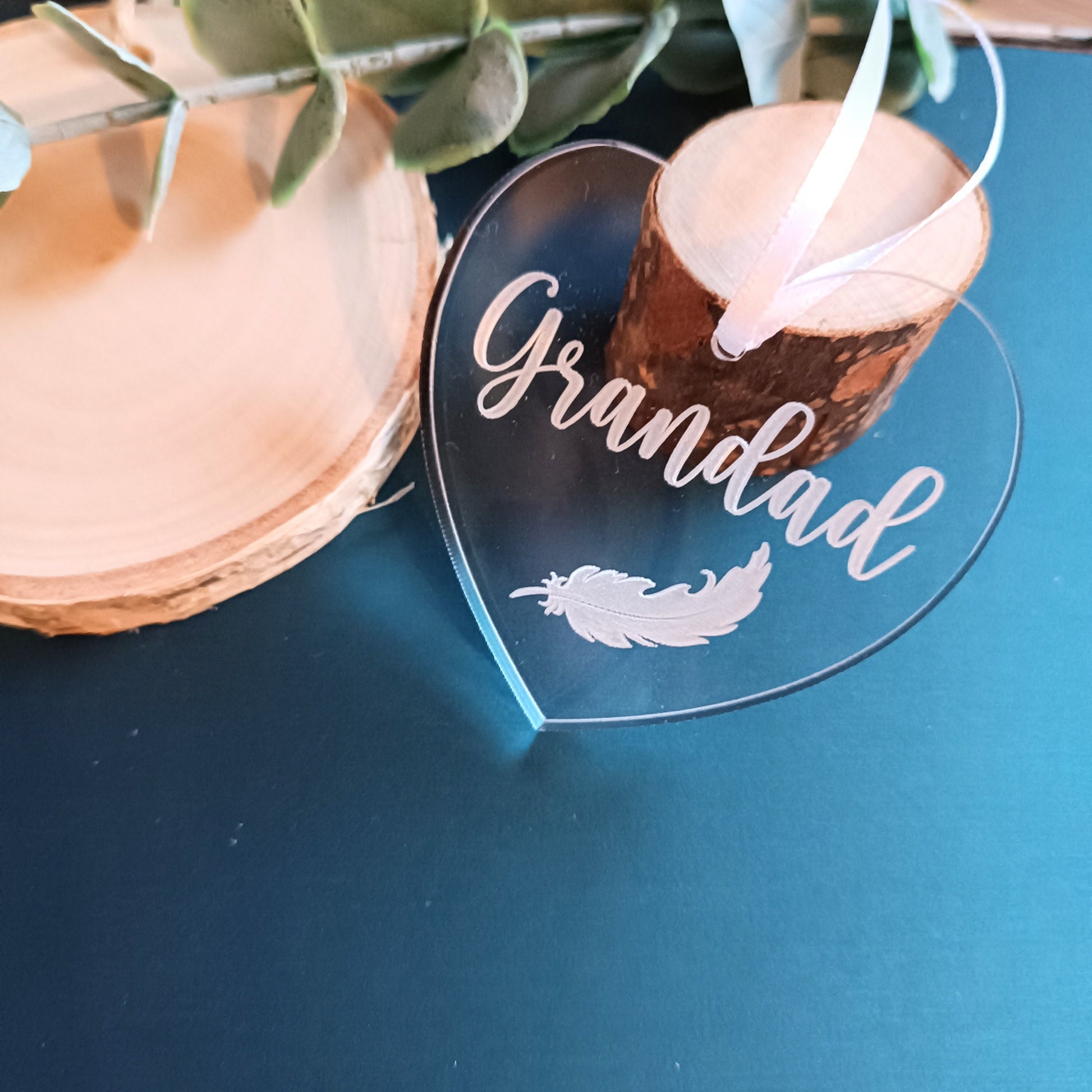 Acrylic Heart Christmas Tree Ornament | Personalised Heart Decoration | Personalised Feather | Christmas Heart | Babyloss | Loss of Grandad