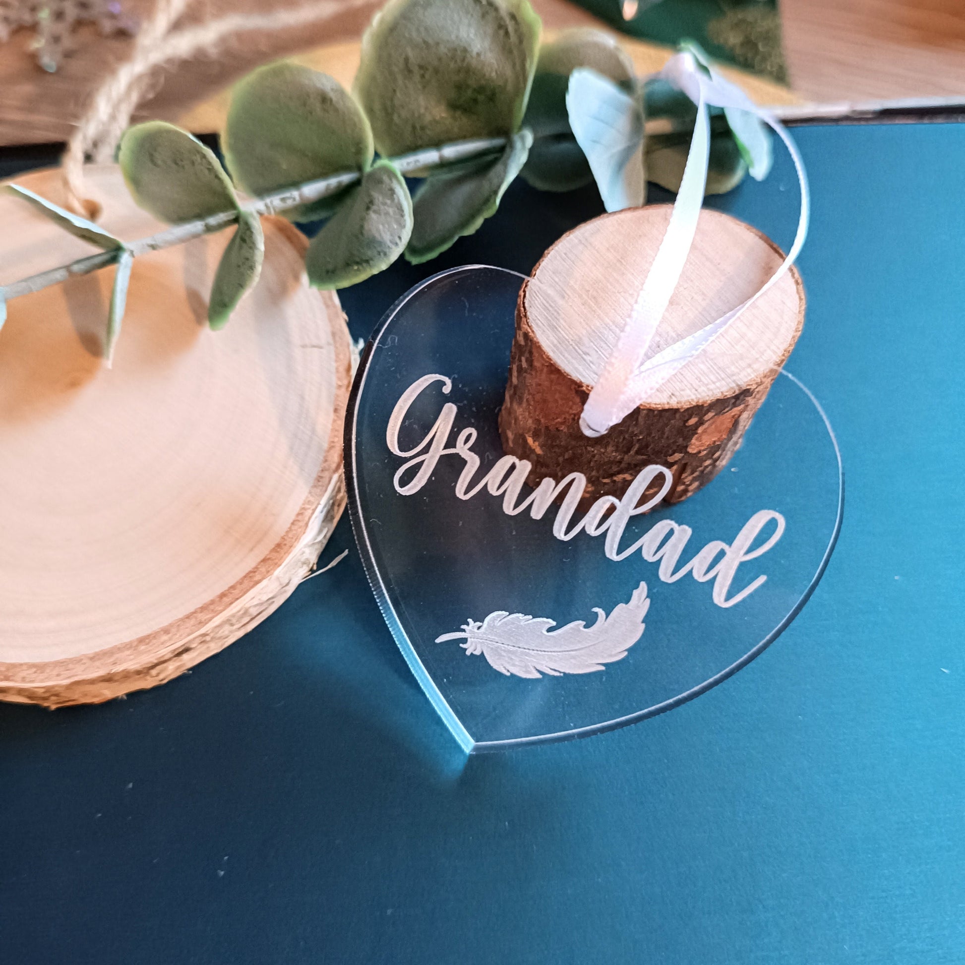 Acrylic Heart Christmas Tree Ornament | Personalised Heart Decoration | Personalised Feather | Christmas Heart | Babyloss | Loss of Grandad