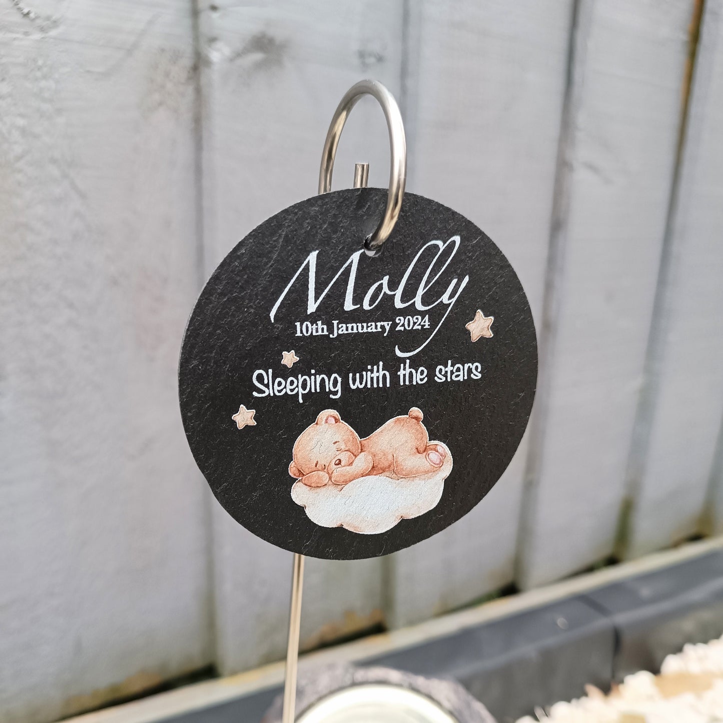 Teddy Bear Circle Memorial Garden Slate and Hook / Memorial Plaque / Loss of Baby / Sleeping Baby / Garden Memorial