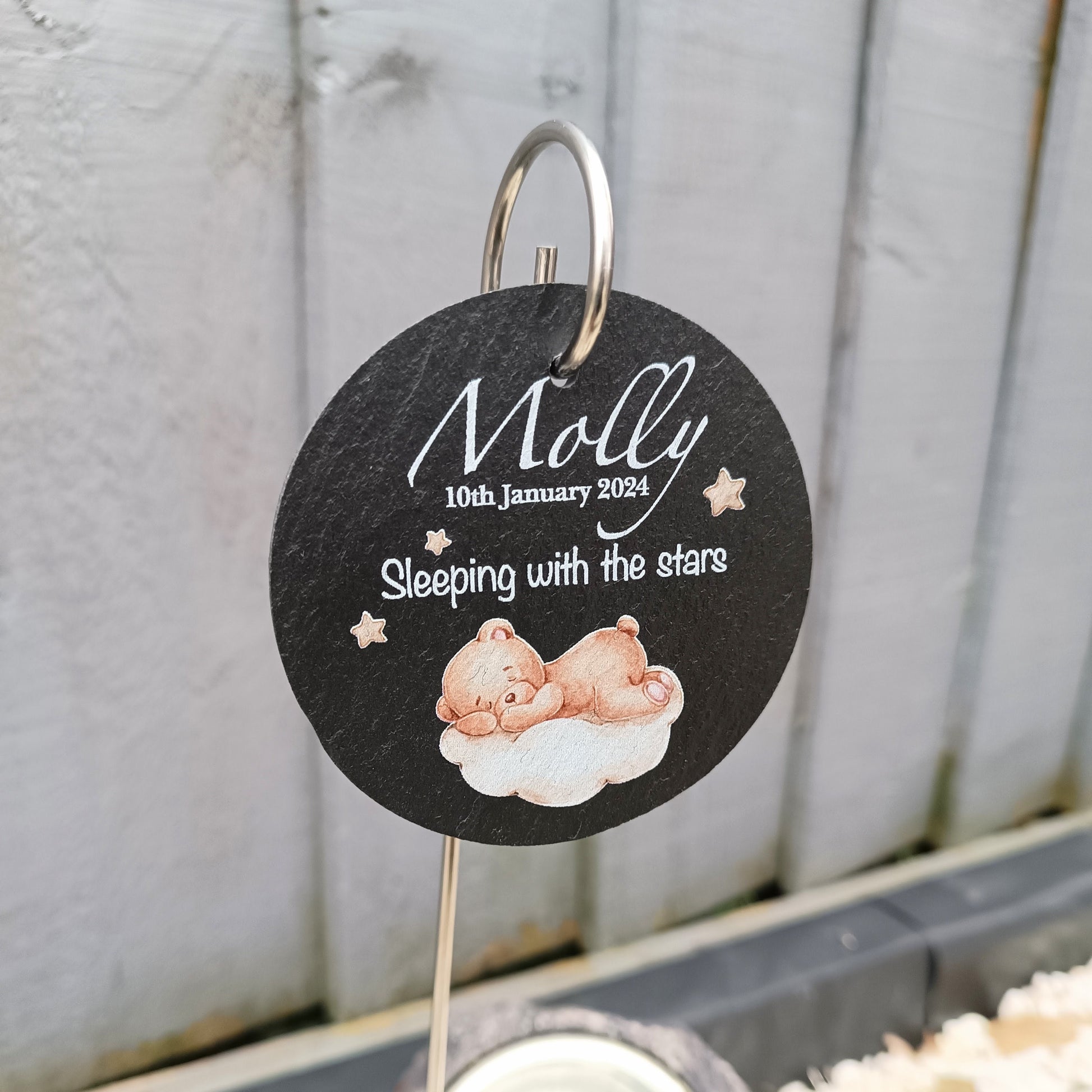 Teddy Bear Circle Memorial Garden Slate and Hook / Memorial Plaque / Loss of Baby / Sleeping Baby / Garden Memorial