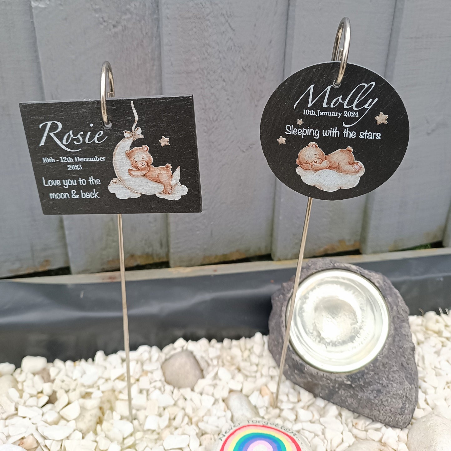 Teddy Bear Circle Memorial Garden Slate and Hook / Memorial Plaque / Loss of Baby / Sleeping Baby / Garden Memorial