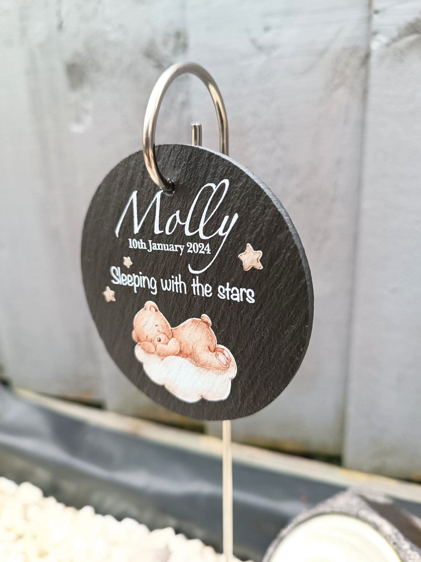 Teddy Bear Circle Memorial Garden Slate and Hook / Memorial Plaque / Loss of Baby / Sleeping Baby / Garden Memorial