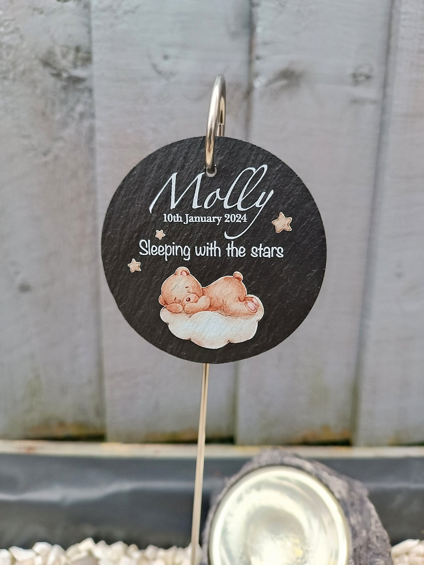 Teddy Bear Circle Memorial Garden Slate and Hook / Memorial Plaque / Loss of Baby / Sleeping Baby / Garden Memorial