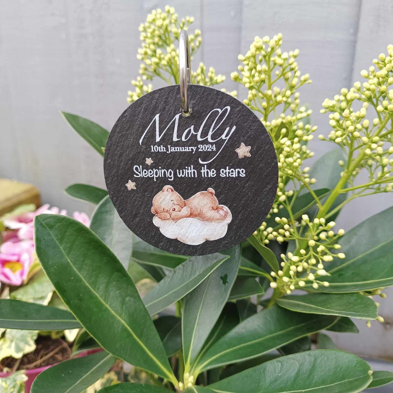 Teddy Bear Circle Memorial Garden Slate and Hook / Memorial Plaque / Loss of Baby / Sleeping Baby / Garden Memorial