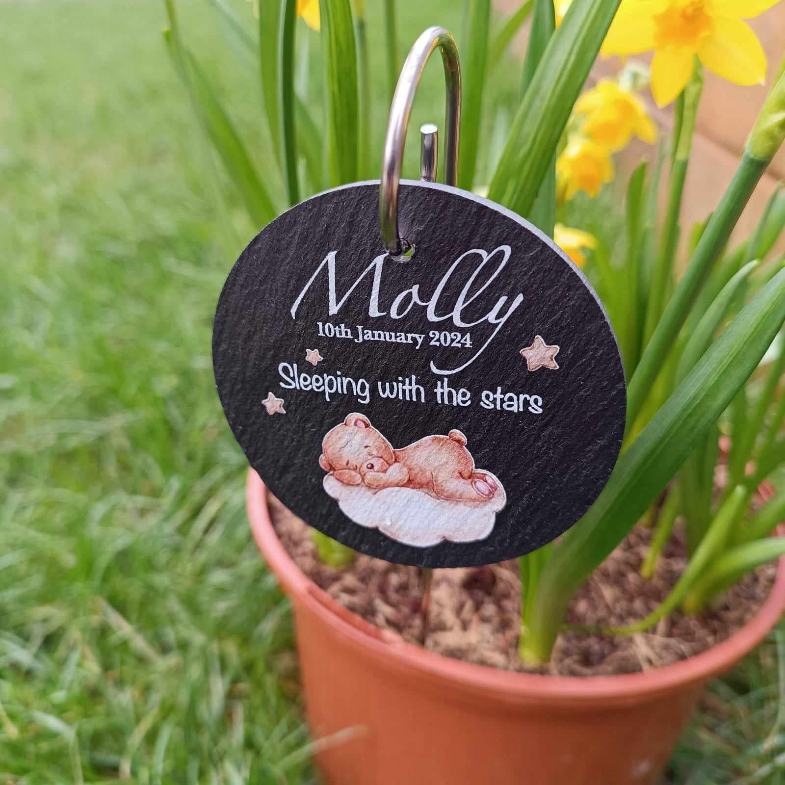 Teddy Bear Circle Memorial Garden Slate and Hook / Memorial Plaque / Loss of Baby / Sleeping Baby / Garden Memorial