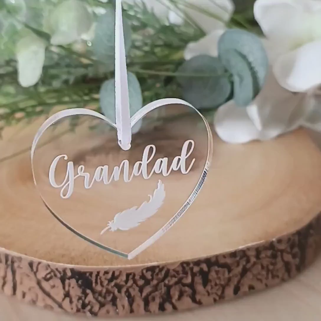 Acrylic Heart Christmas Tree Ornament | Personalised Heart Decoration | Personalised Feather | Christmas Heart | Babyloss | Loss of Grandad